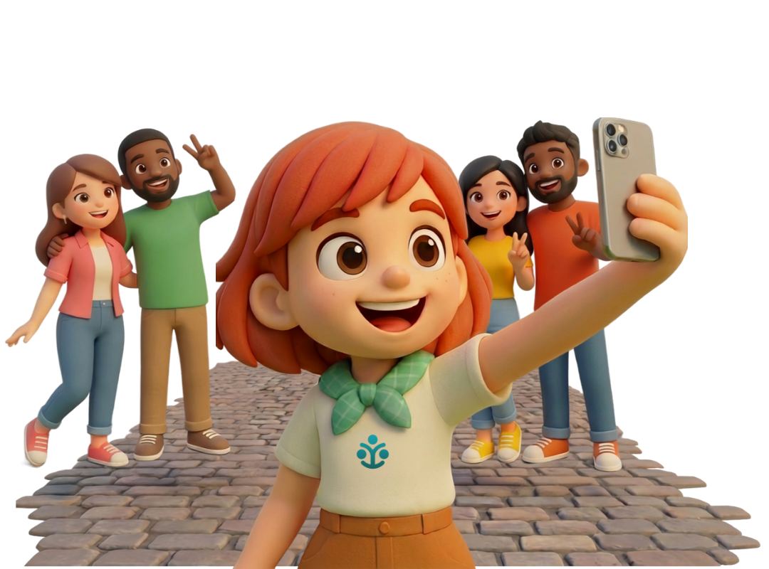Imagen de niña sosteniendo movil, de fondo se ve un grupo de personas posando para una selfie