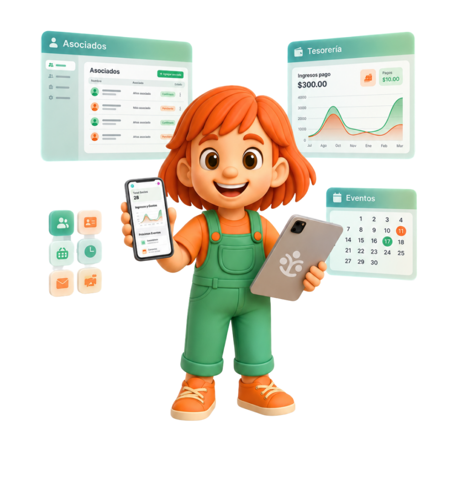Mascota de Triboo mostrando el software de gestión de asociaciones en móvil y tablet