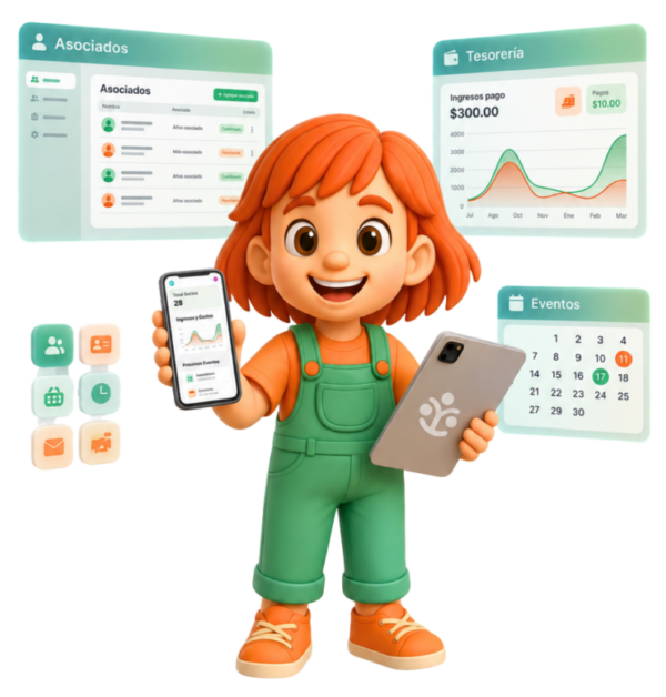 Mascota de Triboo mostrando el software de gestión de asociaciones en móvil y tablet