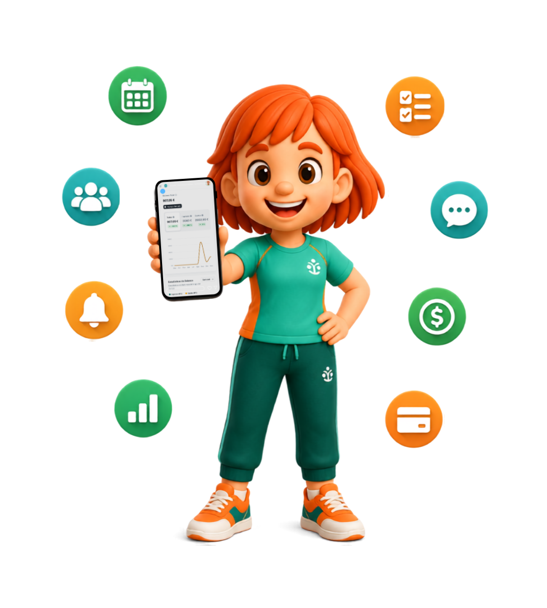 Niña vestida con ropa deportiva con movil en mano con captura de la app de la Tribo. Alrrededor hay iconos vinculados a gestiono ordenada